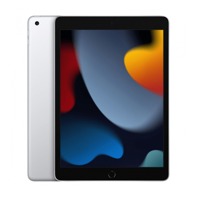 iPad 9 tablet, silver, front screen on with back panel visible