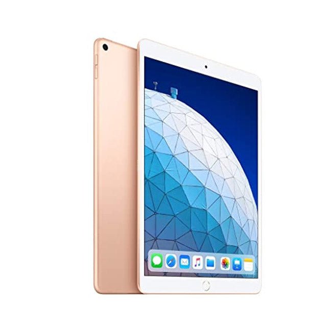 Refurbished iPad Air 3 tablet in gold, front and back view
