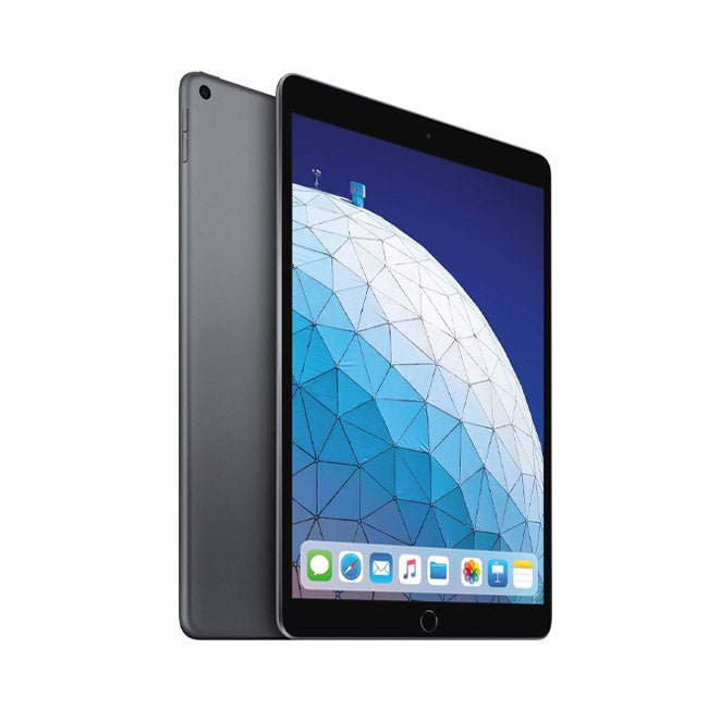 Refurbished iPad Air 3 tablet in space grey, front and back view