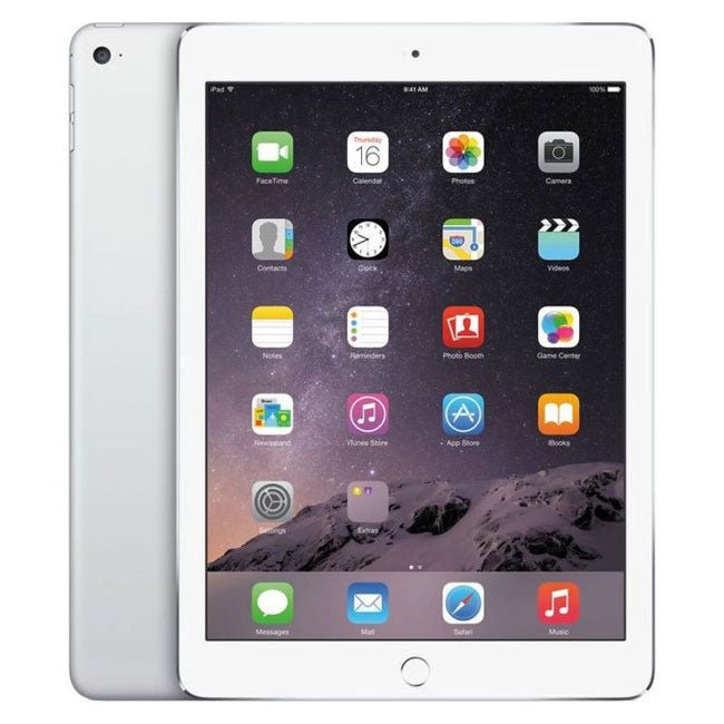 Silver iPad Air tablet front showing app icons, with partial back
