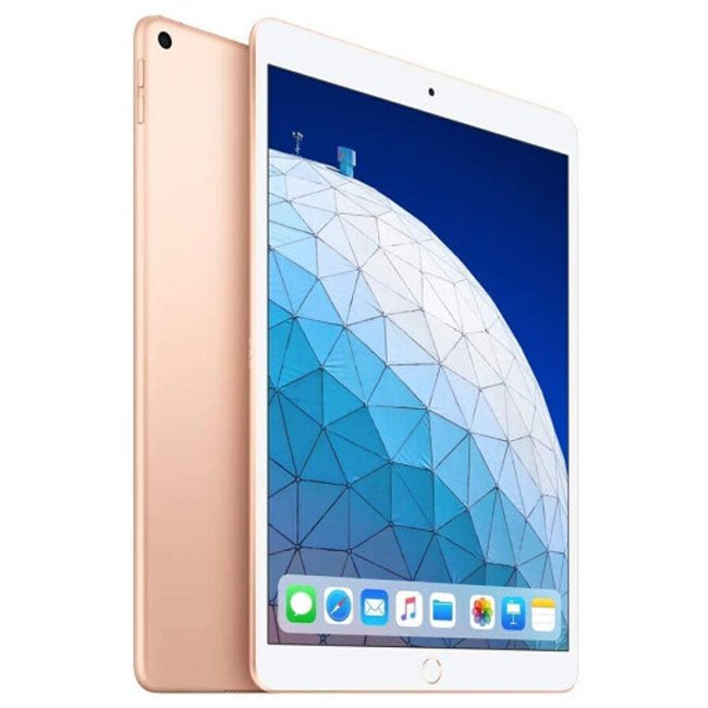 Gold iPad Air tablet with front screen on and back visible