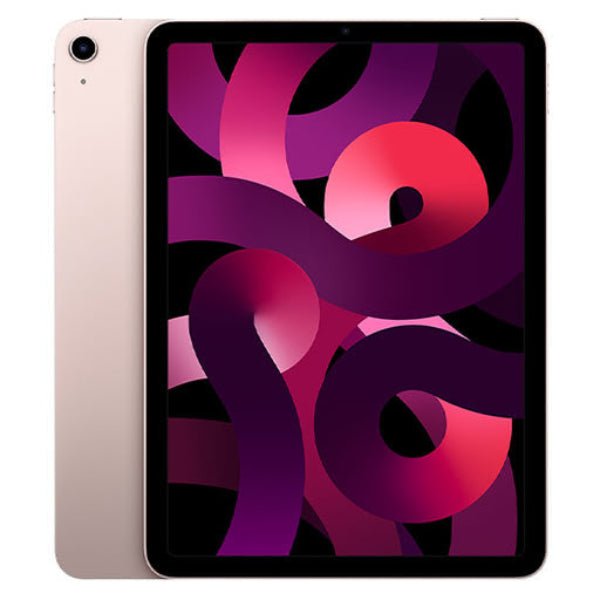 Refurbished iPad Air 5 tablet with pink front display and light pink back.