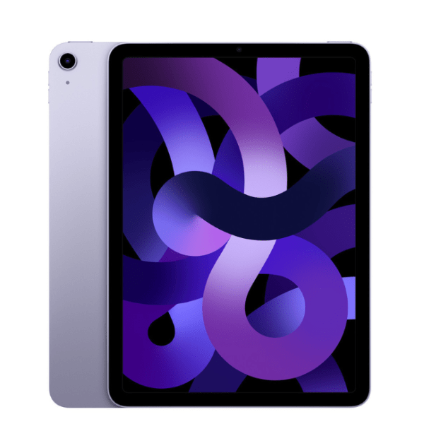iPad Air 5 tablet, light silver back with purple abstract screen.
