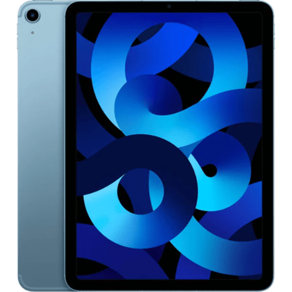 Refurbished iPad Air 5 tablet, Blue, front and back view with abstract display