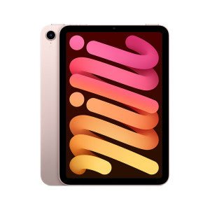 Refurbished iPad Air 5 tablet, Pink, front and back view with abstract display