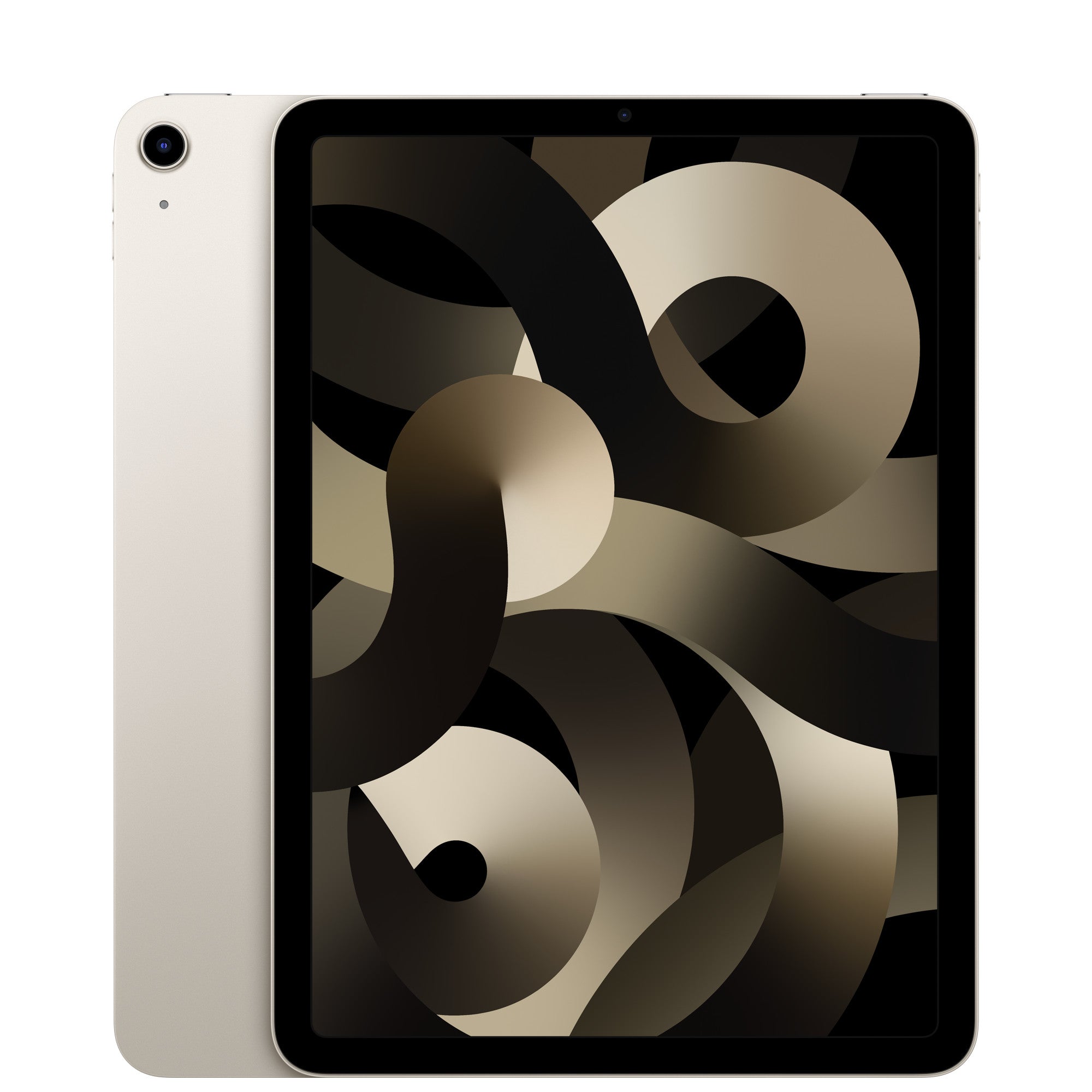 Refurbished iPad Air 5 tablet in starlight, front and back view
