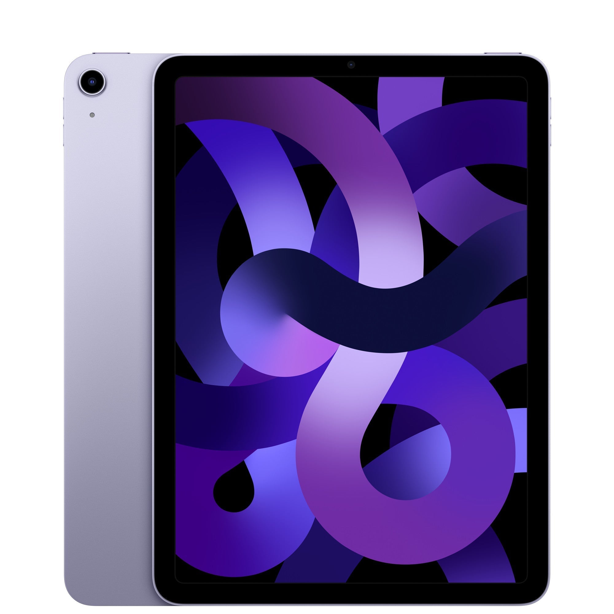 Refurbished iPad Air 5 tablet, Purple, front and back view with abstract display