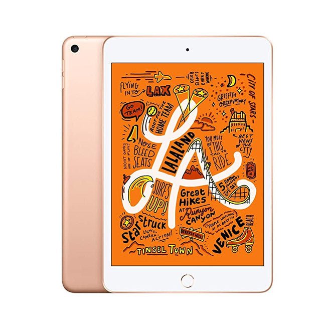 Refurbished iPad mini 5 tablet with gold back and white screen, home button