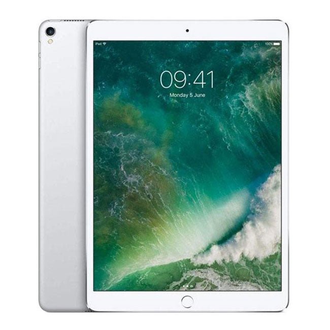 Refurbished iPad Pro 10.5 tablet with silver back and white front, front view display on