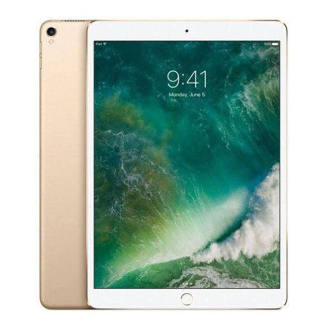 Refurbished iPad Pro 10.5 tablet with gold back and white front, front view display on