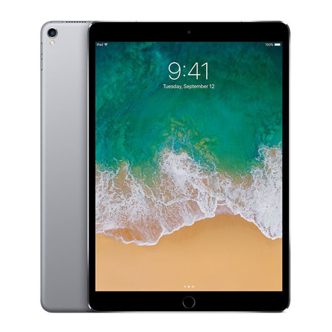 Refurbished iPad Pro 10.5 tablet in space gray, front and back view with home button.