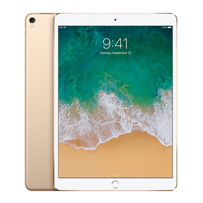 Refurbished iPad Pro 10.5 tablet in gold, front and back view with home button.