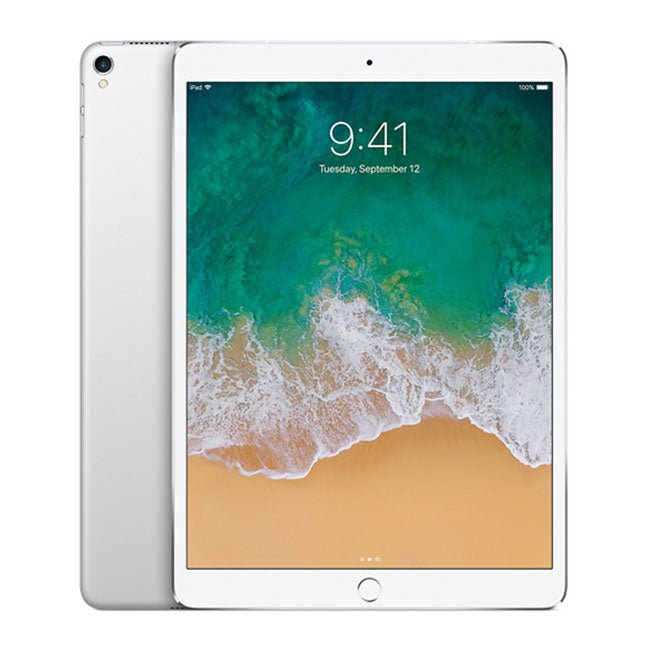 Refurbished iPad Pro 10.5 tablet in silver, front and back view with home button.