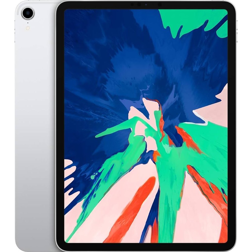 Refurbished 11-inch iPad Pro with silver back and rear camera, colorful screen