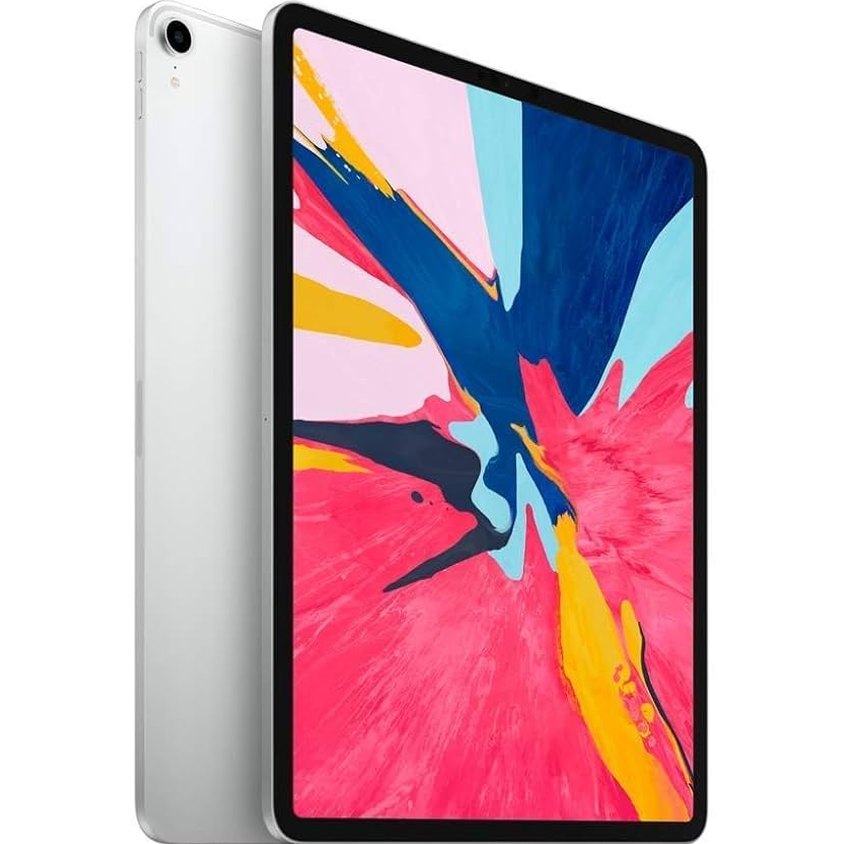 Refurbished iPad Pro tablet, silver, back and front angled view