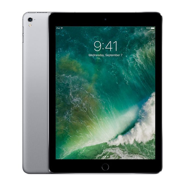 Space gray iPad Pro 9.7 tablet showing front display and back camera