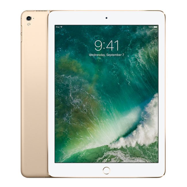 Gold iPad Pro 9.7 tablet with front home button and rear camera