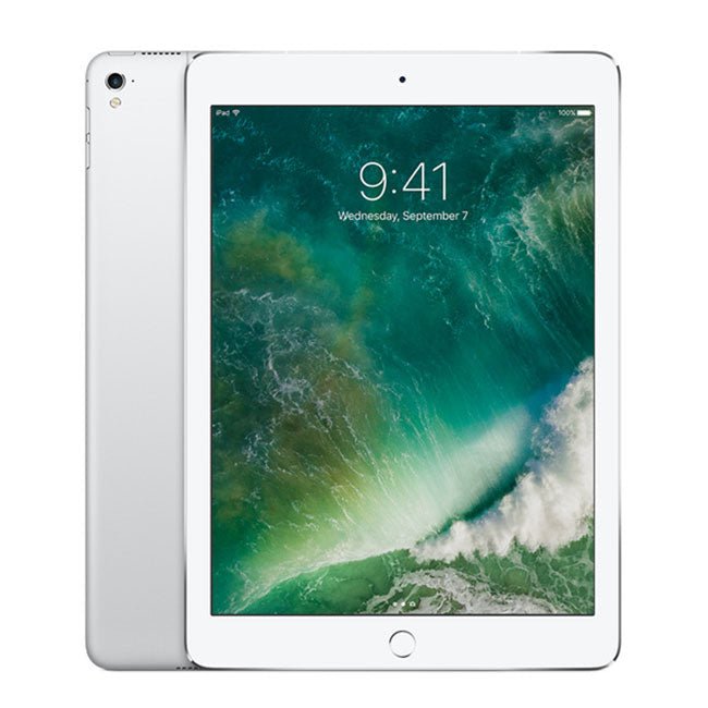 Silver iPad Pro 9.7 tablet with front display, home button, and rear camera