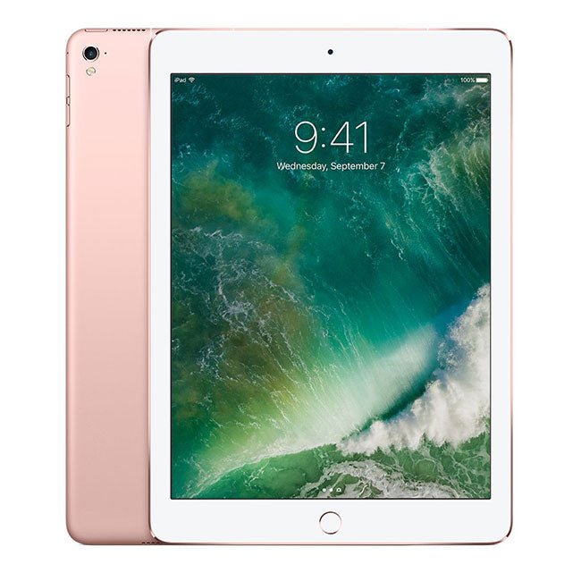 Rose gold iPad Pro 9.7 tablet with visible home button and rear camera