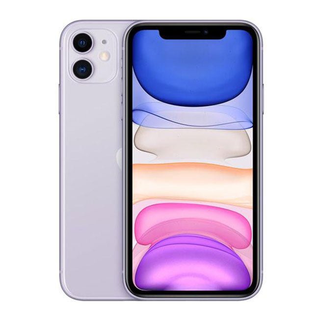 Refurbished iPhone 11 in white, front and back view.