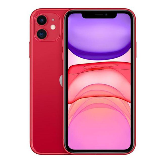 Refurbished iPhone 11 smartphone, red front and back view with dual cameras