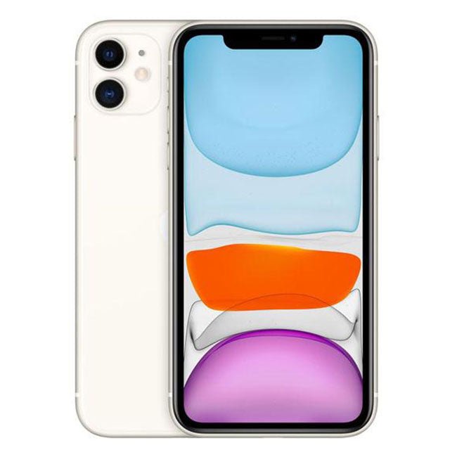 Refurbished iPhone 11 in white, front and back view.