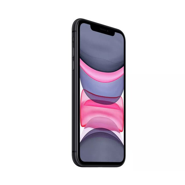 Refurbished iPhone 11 smartphone, black front view with colorful home screen