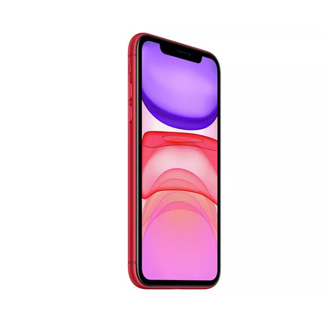 Refurbished iPhone 11 in red, side view with colorful display.