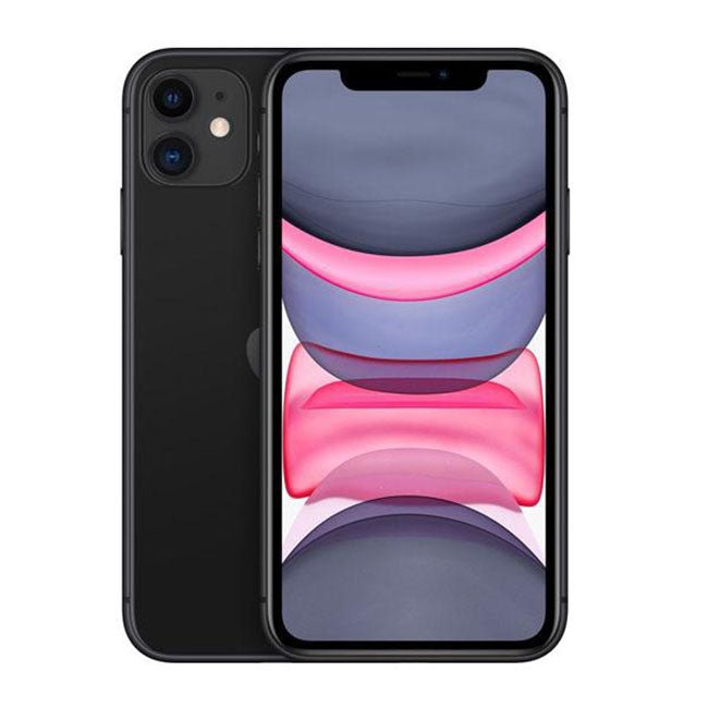 Refurbished iPhone 11 in black, front and back view.