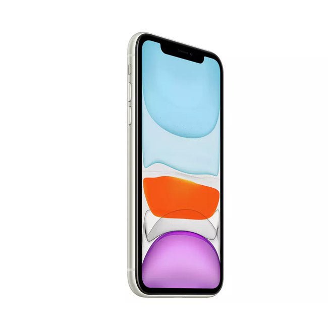 Refurbished iPhone 11 in light color, side view with colorful display.