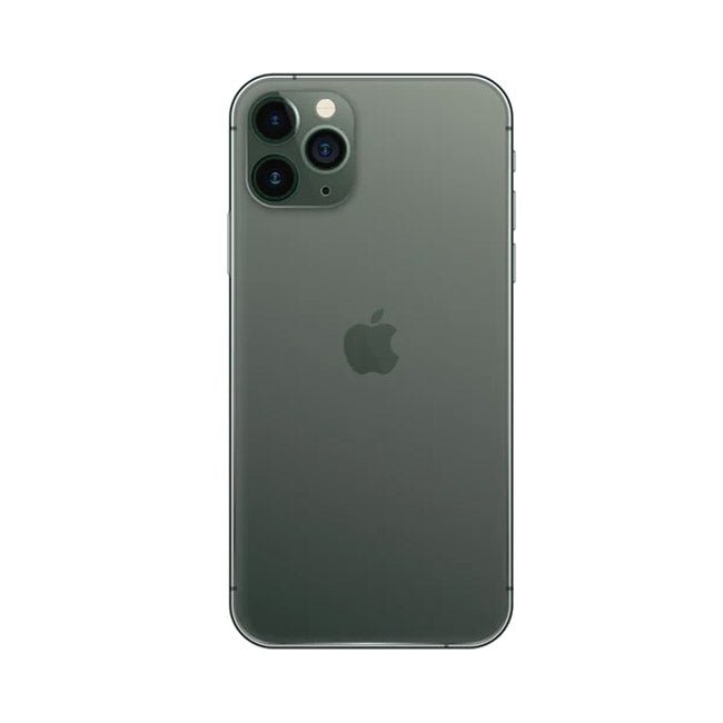 Refurbished iPhone 11 Pro unlocked smartphone, midnight green back with triple cameras.