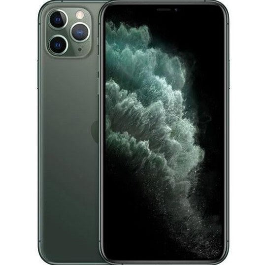 Refurbished iPhone 11 Pro phone in dark green, front and back view