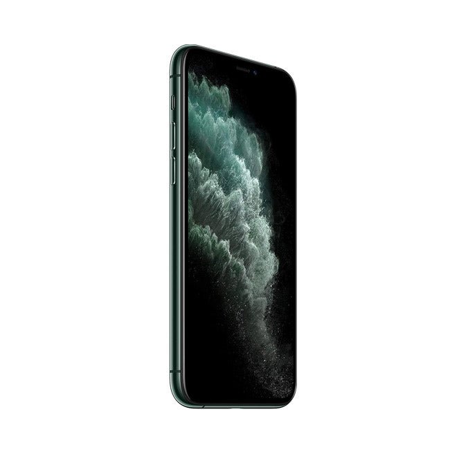 Refurbished iPhone 11 Pro phone in dark green, front view with screen on