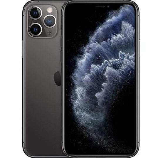 Refurbished iPhone 11 Pro phone in gray, front and back view