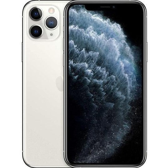 Refurbished iPhone 11 Pro phone in silver, front and back view