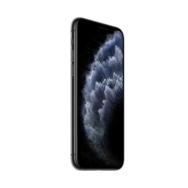 Refurbished iPhone 11 Pro phone in dark color, side view with screen on