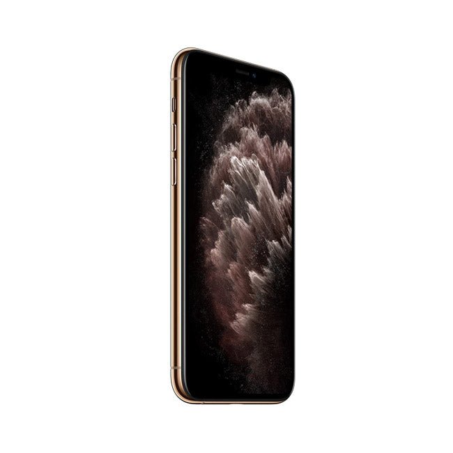 Refurbished iPhone 11 Pro phone in gold, side view with screen on