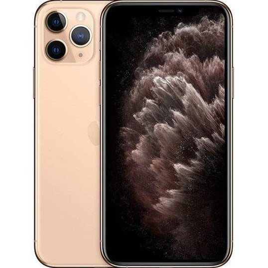 Refurbished iPhone 11 Pro phone in gold, front and back view