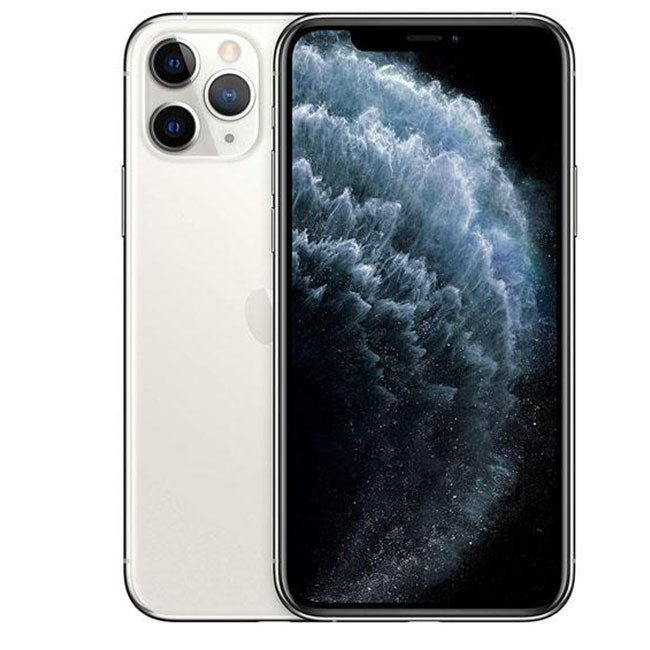Refurbished unlocked iPhone 11 Pro Max, silver back and front view, triple-camera