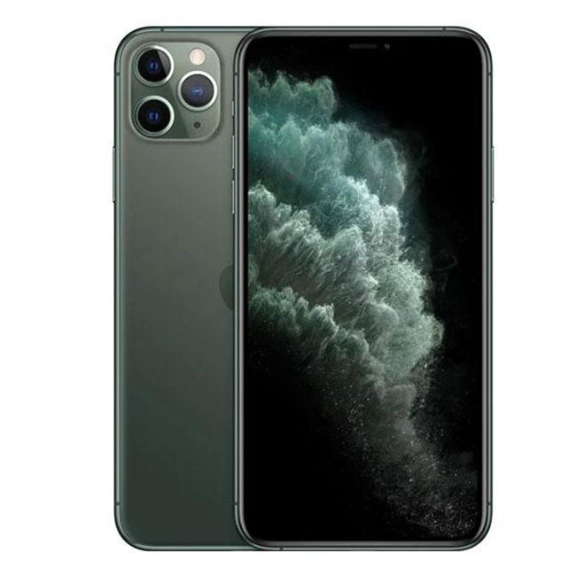 Unlocked iPhone 11 Pro Max (Midnight Green) front and back, 256GB, refurbished