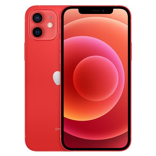 Refurbished iPhone 12 (unlocked) in red, front and back view