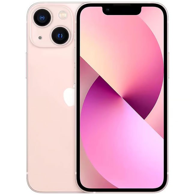 Unlocked iPhone 13 mini 256GB in pink, front and back with dual cameras