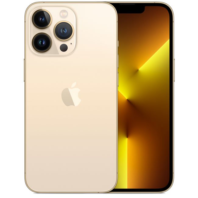 Refurbished iPhone 13 Pro Max Gold phone, triple rear cameras, screen showing