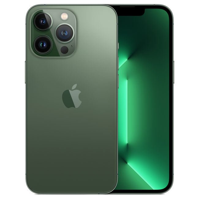 Refurbished iPhone 13 Pro Max Alpine Green phone, triple rear cameras, screen on