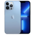 Refurbished iPhone 13 Pro Max Sierra Blue phone, triple rear cameras, screen on