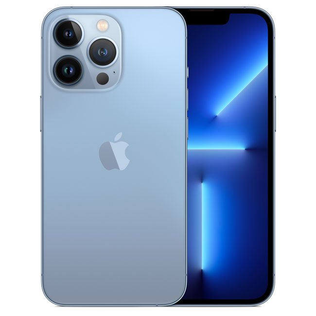 Refurbished iPhone 13 Pro Max Sierra Blue phone, triple rear cameras, screen on
