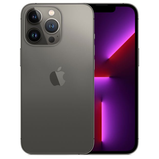 Refurbished iPhone 13 Pro Max Graphite phone, triple rear cameras, screen on