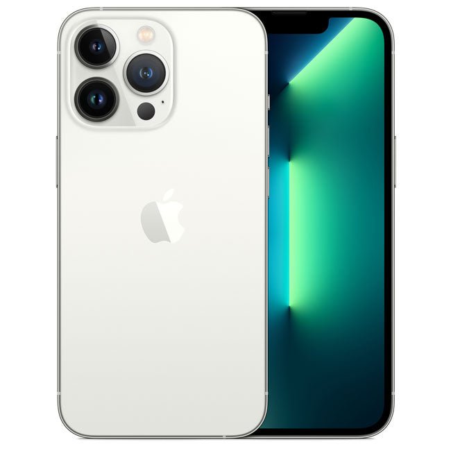Refurbished iPhone 13 Pro Max Silver phone, triple rear cameras, screen showing