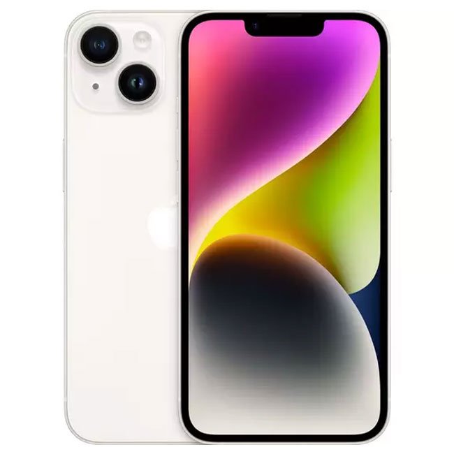 Refurbished iPhone 14 Unlocked in Purple, front and back view