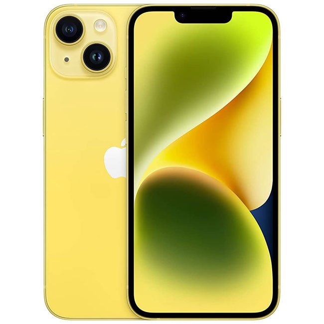 Refurbished iPhone 14 Unlocked in Yellow, front and back view